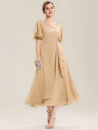 ever LILOU|Rhinestone Embellished Chiffon Ruffle Sleeve Wedding Guest Dress