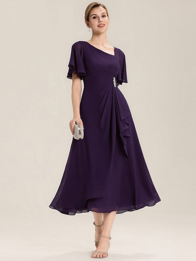 Rhinestone Embellished Chiffon Ruffle Sleeve Evening Dress #color_Dark Purple
