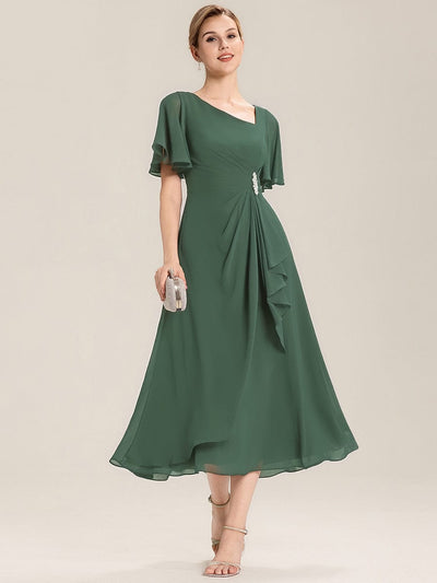 Rhinestone Embellished Chiffon Ruffle Sleeve Evening Dress #color_Eucalyptus Green