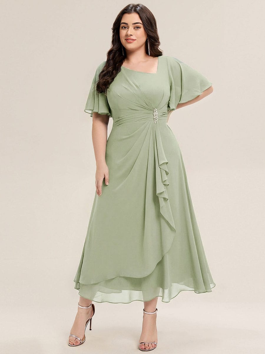 Rhinestone Embellished Chiffon Ruffle Sleeve Evening Dress #color_Mint Green