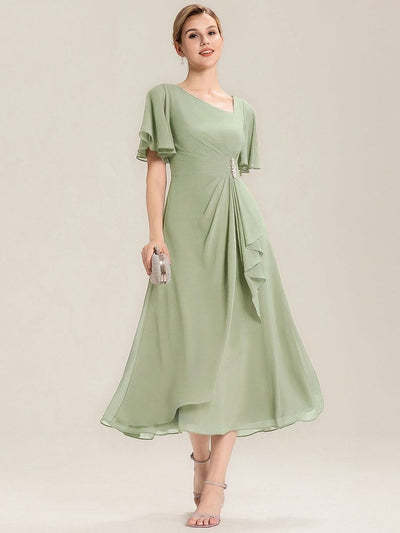 ever LILOU|Rhinestone Embellished Chiffon Ruffle Sleeve Wedding Guest Dress