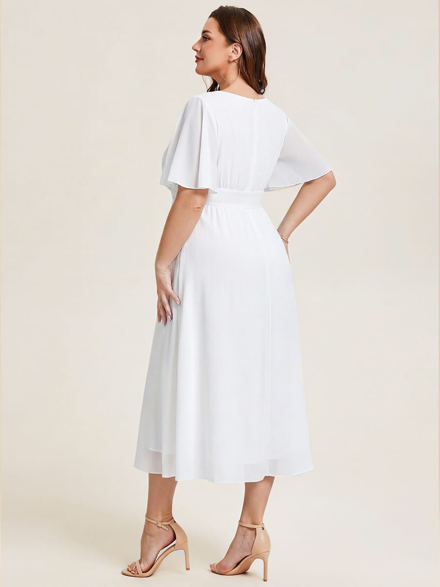Rhinestone Embellished Chiffon Ruffle Sleeve Evening Dress #color_White