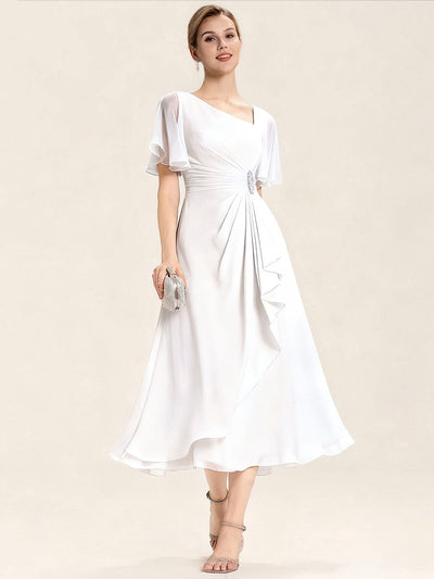 ever LILOU|Rhinestone Embellished Chiffon Ruffle Sleeve Wedding Guest Dress