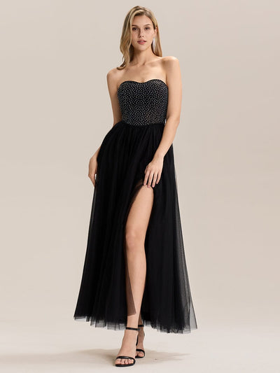 Tie-Front Mesh Sleeveless Evening Dress #color_Black