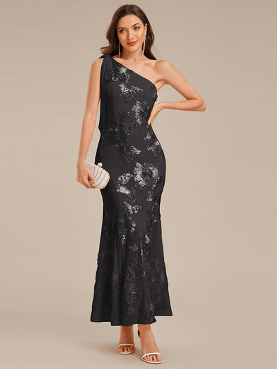 Flowing Ribbons Mesh Sleeveless Evening Dress #color_Black