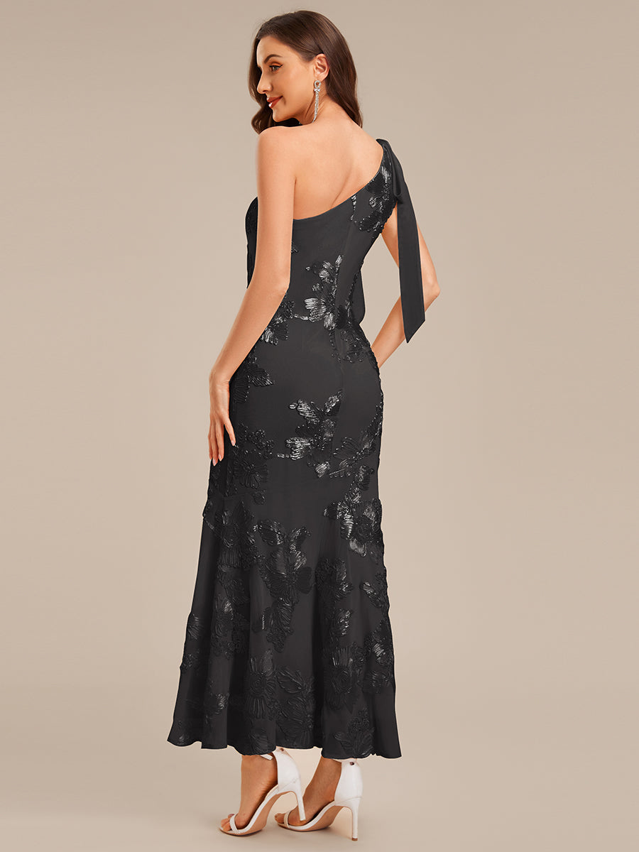 Flowing Ribbons Mesh Sleeveless Evening Dress #color_Black