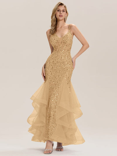 Tie-Front Sequin Sleeveless Evening Dress #color_Gold