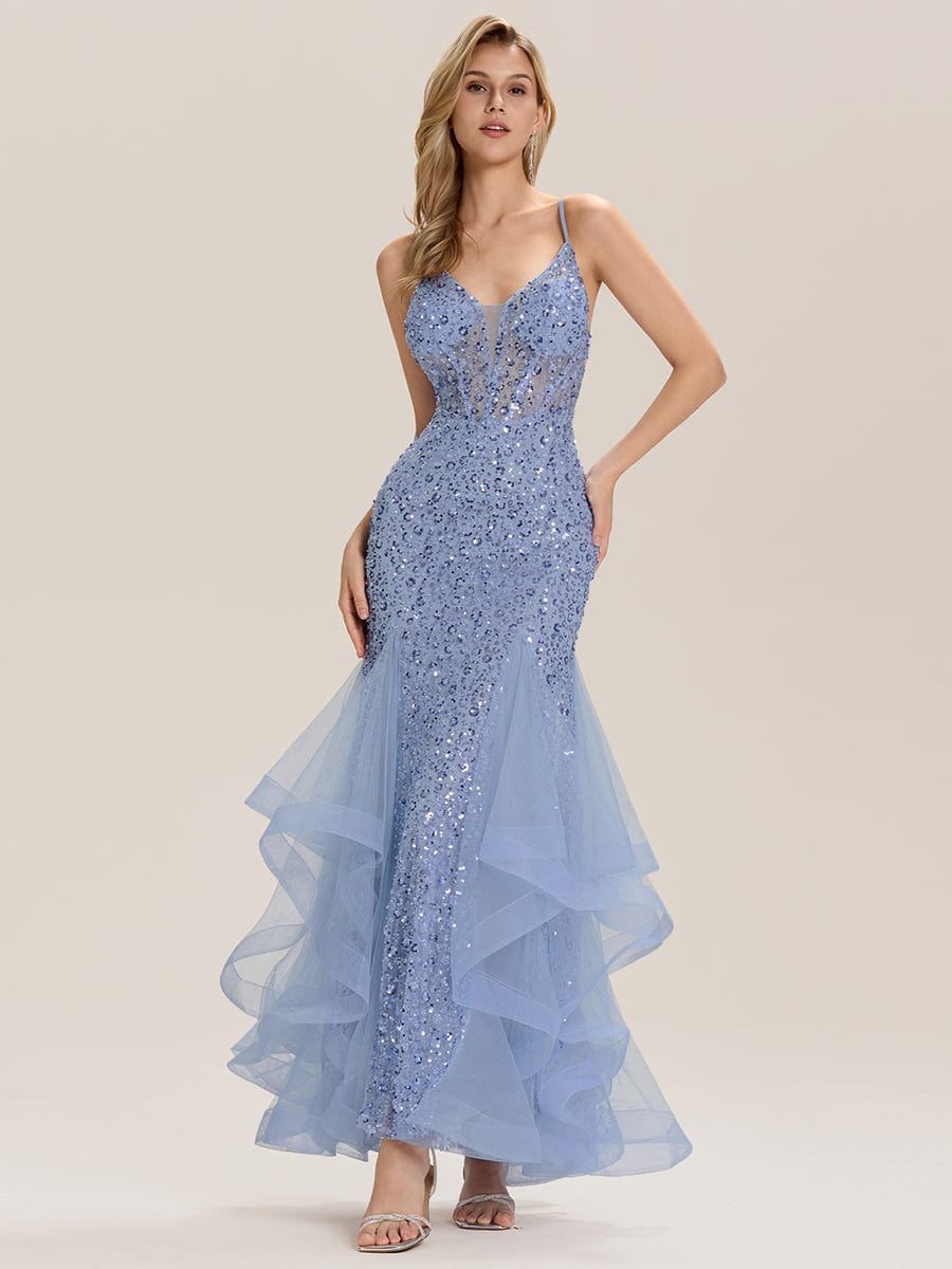 mermaid evening dress uk Wedtrend Women Royal Blue Mermaid Prom Dress with Slit Glitter Deep V-neck  Sequins Long Party Dress with Lace-up Back – Wedtrend UK main image 0