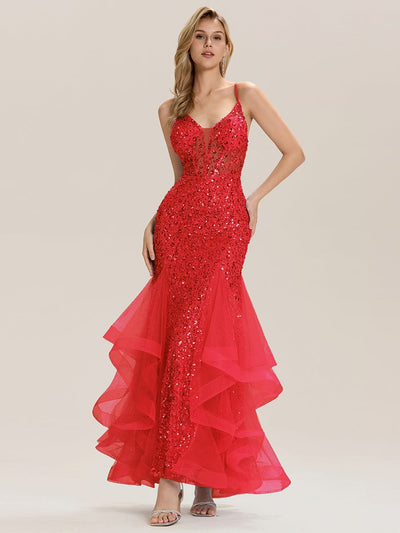 Tie-Front Sequin Sleeveless Evening Dress #color_Red