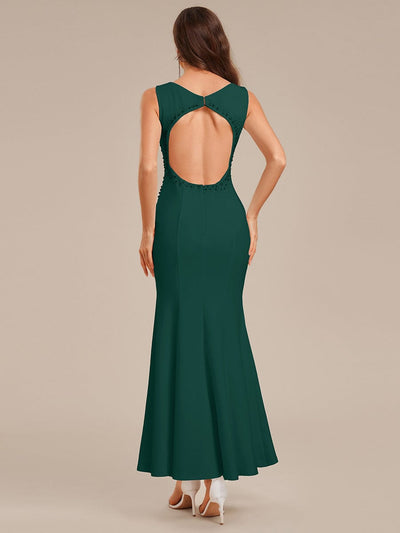 Rhinestone Embellished Knit Sleeveless Evening Dress #color_Dark Green