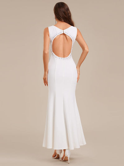 Rhinestone Embellished Knit Sleeveless Evening Dress #color_White