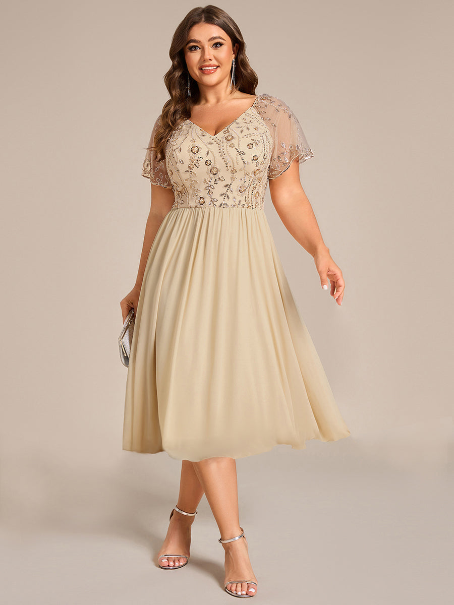 Embroidered Sequin Ruffle Sleeve Evening Dress #color_Champagne