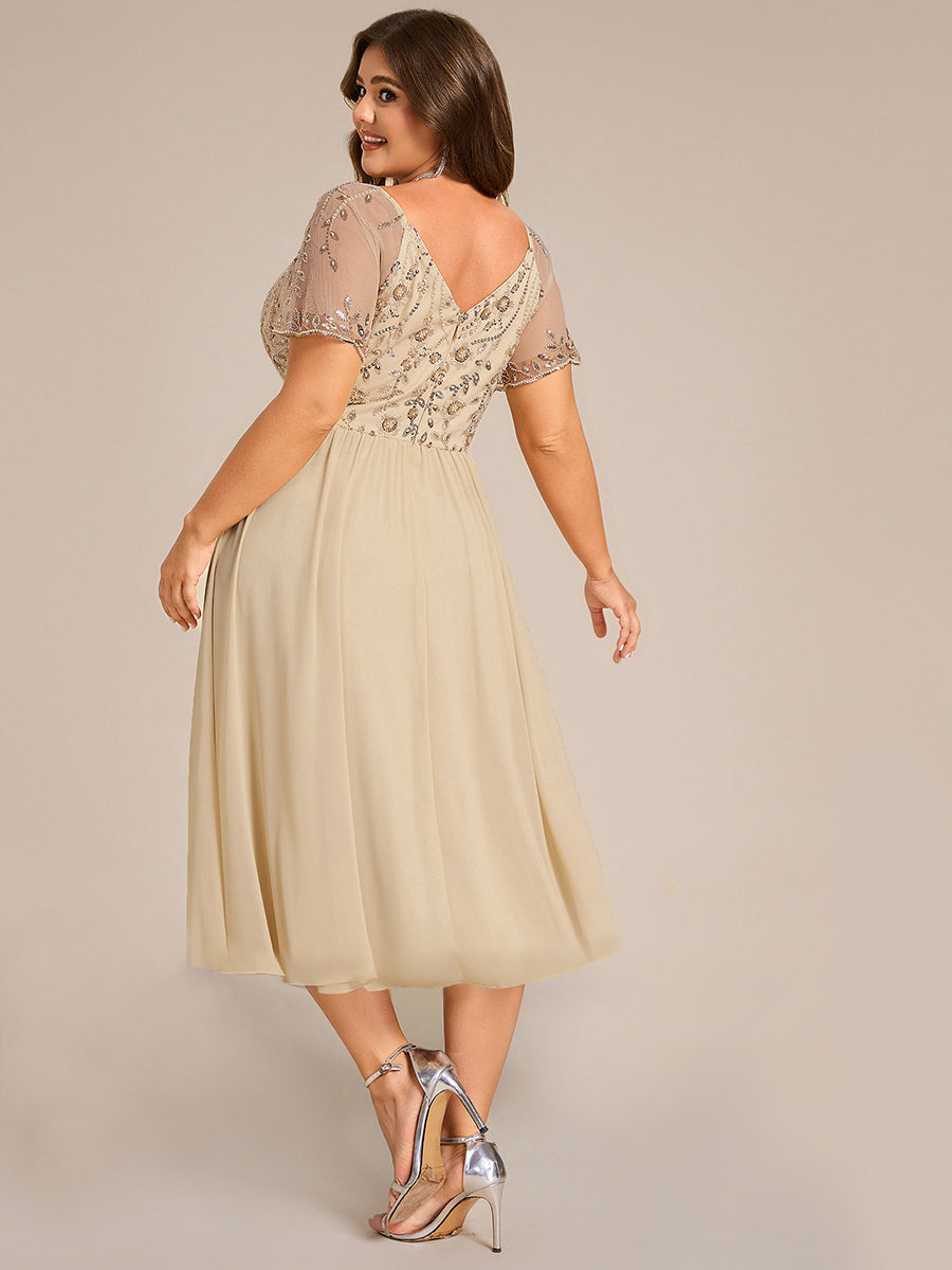 Embroidered Sequin Ruffle Sleeve Evening Dress #color_Champagne