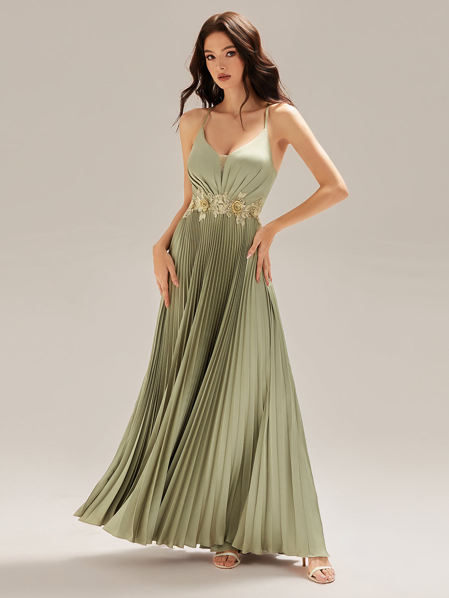 Applique Satin Sleeveless Evening Dress #color_Sage Green