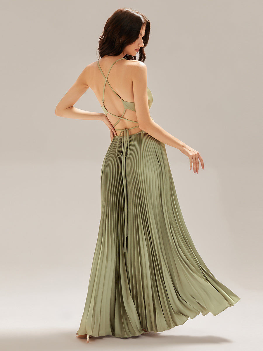 Applique Satin Sleeveless Evening Dress #color_Sage Green