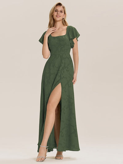 Tie-Front Chiffon Ruffle Sleeve Evening Dress #color_Eucalyptus Green