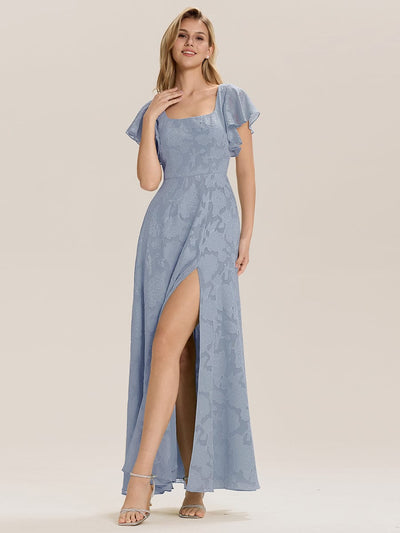 Tie-Front Chiffon Ruffle Sleeve Evening Dress #color_Light Blue