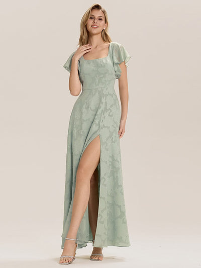 Tie-Front Chiffon Ruffle Sleeve Evening Dress #color_Mint Green