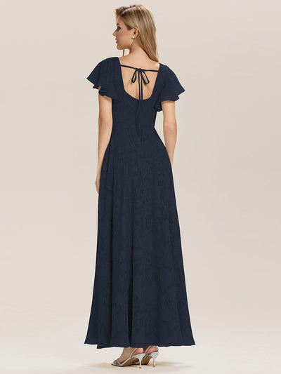Tie-Front Chiffon Ruffle Sleeve Evening Dress #color_Navy Blue