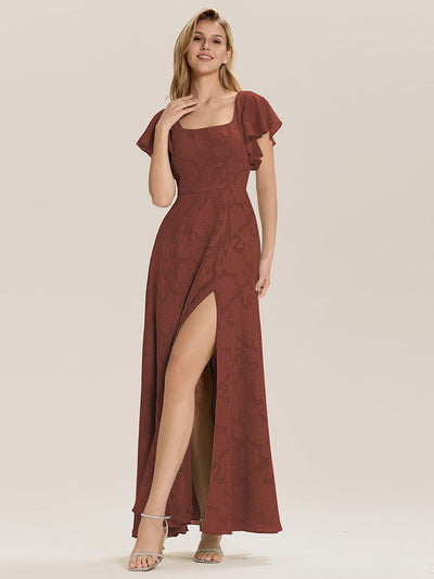 Tie-Front Chiffon Ruffle Sleeve Evening Dress #color_Vermilion