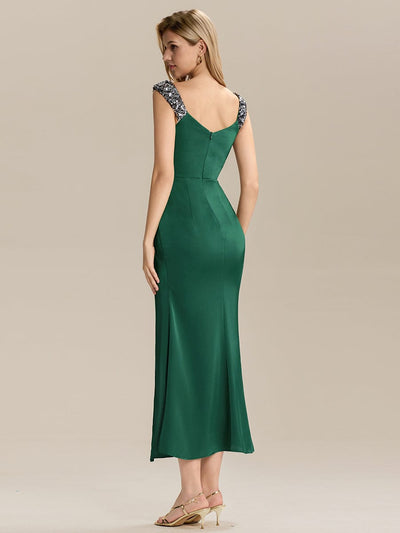 Knotted Satin Sleeveless Evening Dress #color_Dark Green