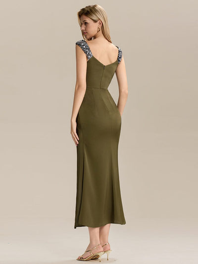 Knotted Satin Sleeveless Evening Dress #color_Olive Green