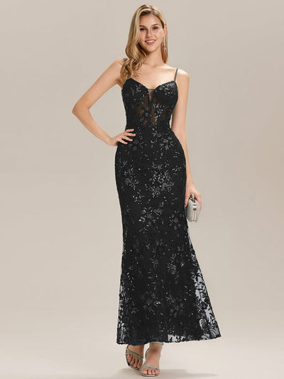 See-through Sequin Sleeveless Evening Dress #color_Black