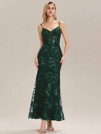 See-through Sequin Sleeveless Evening Dress #color_Dark Green