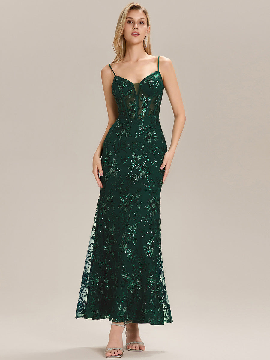See-through Sequin Sleeveless Evening Dress #color_Dark Green