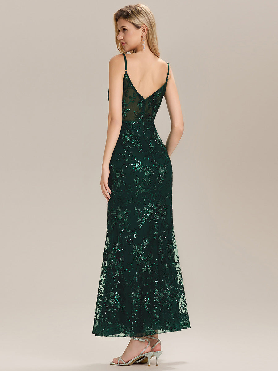 See-through Sequin Sleeveless Evening Dress #color_Dark Green