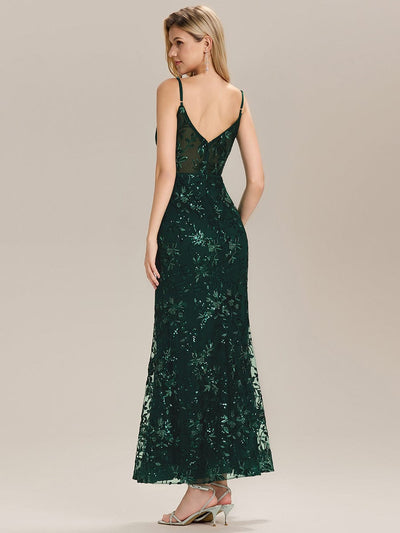 See-through Sequin Sleeveless Evening Dress #color_Dark Green