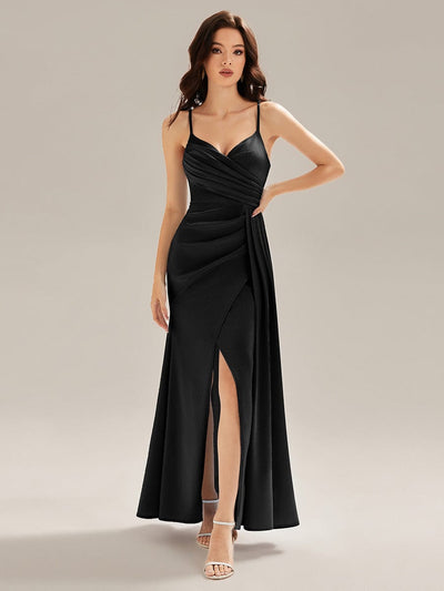 Flowing Ribbons Satin Sleeveless Evening Dress #color_Black