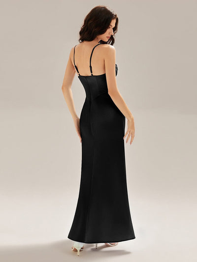 Flowing Ribbons Satin Sleeveless Evening Dress #color_Black