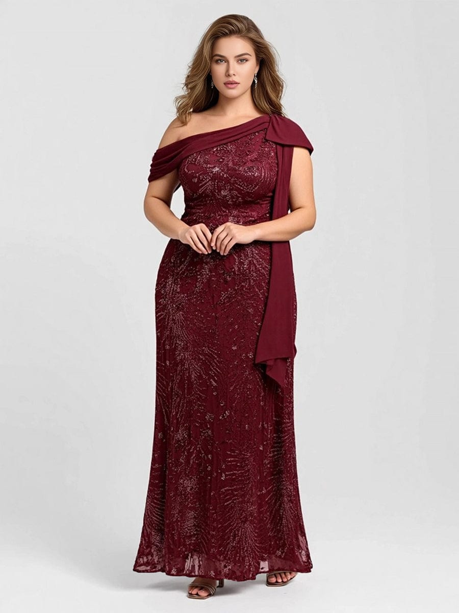 Bow Sequin Drop Shoulder Sleeve Evening Dress #color_Burgundy