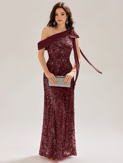 Bow Sequin Drop Shoulder Sleeve Evening Dress #color_Burgundy