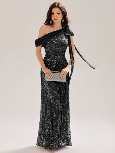 Bow Sequin Drop Shoulder Sleeve Evening Dress #color_Black