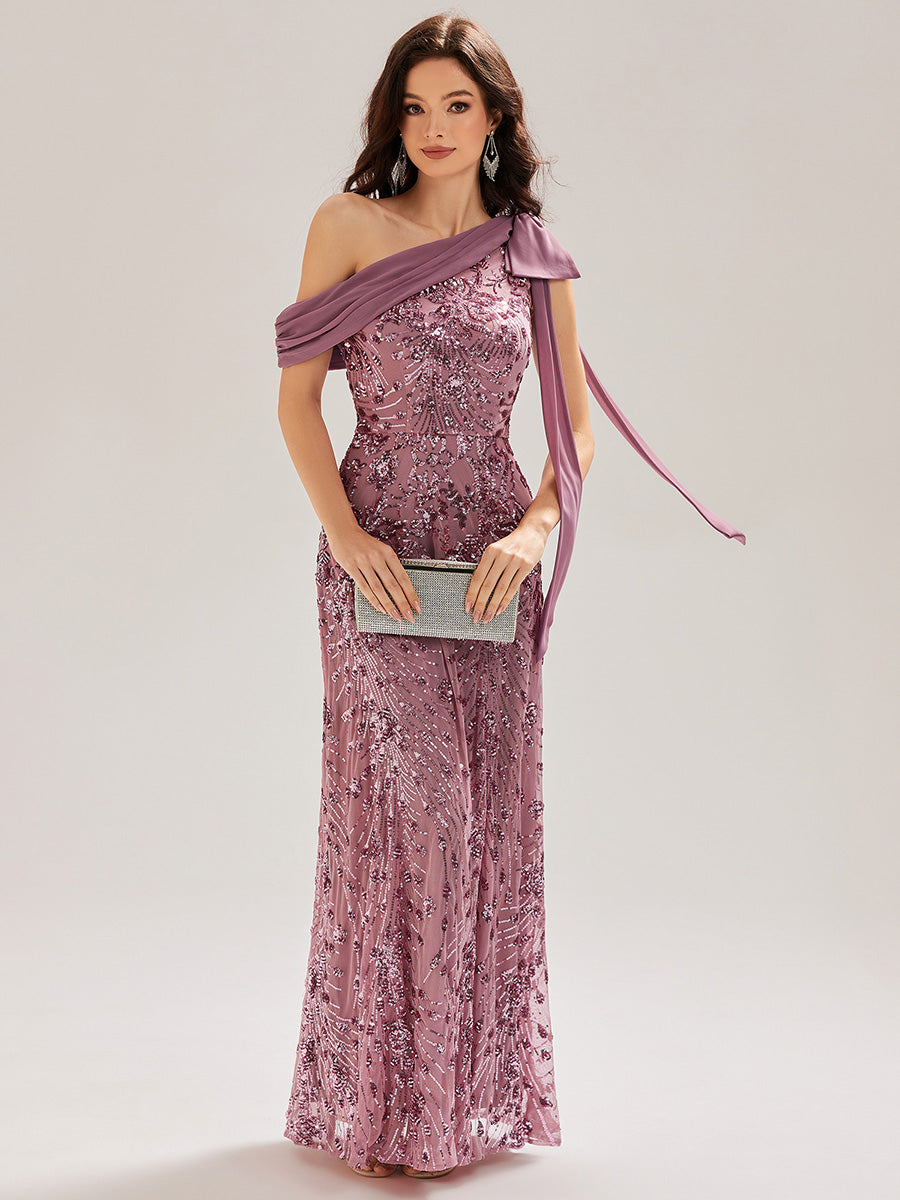Bow Sequin Drop Shoulder Sleeve Evening Dress #color_Purple Orchid