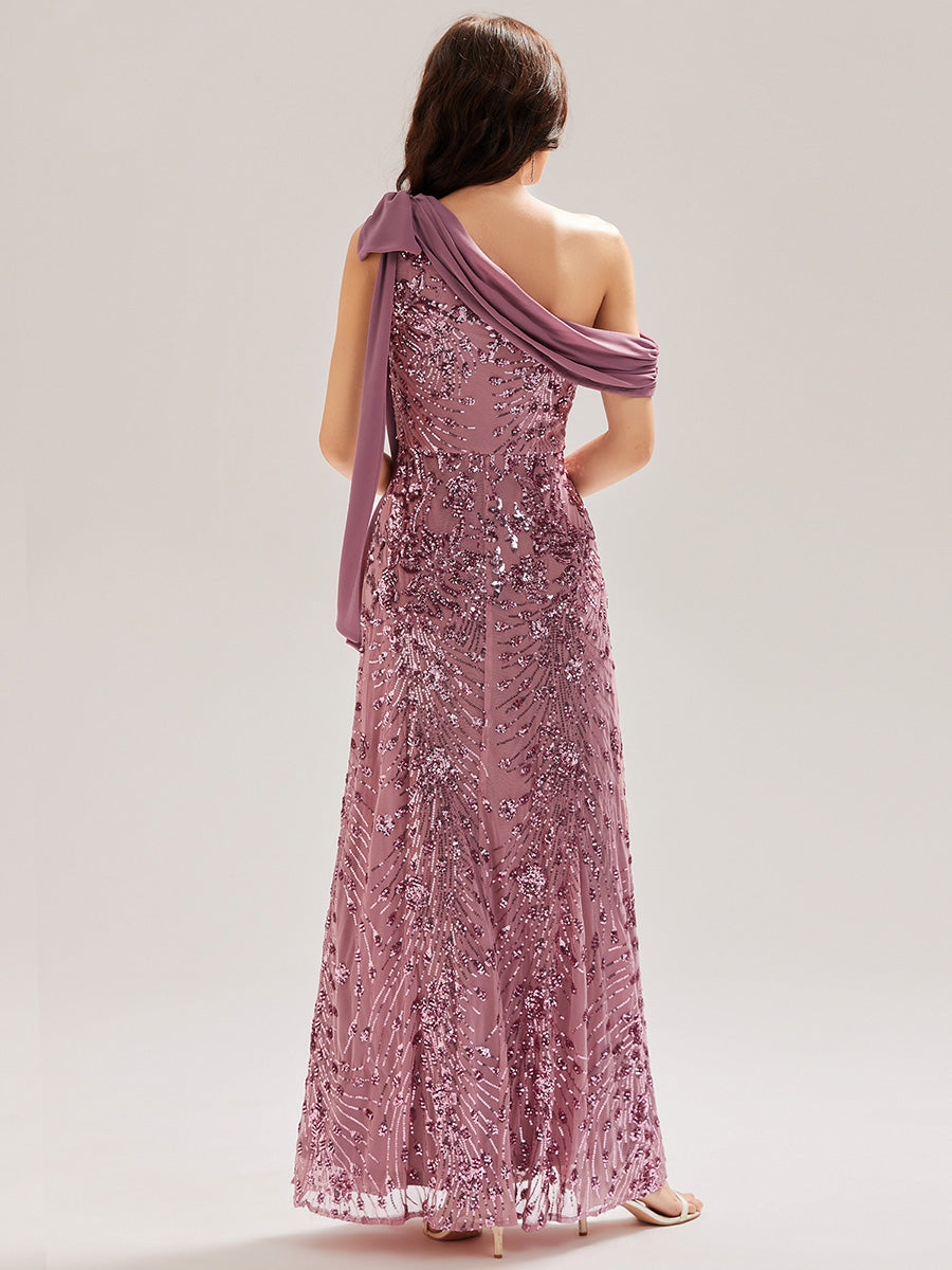 Bow Sequin Drop Shoulder Sleeve Evening Dress #color_Purple Orchid