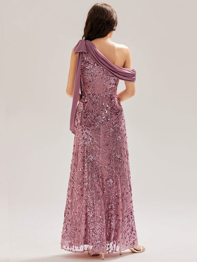 Bow Sequin Drop Shoulder Sleeve Evening Dress #color_Purple Orchid