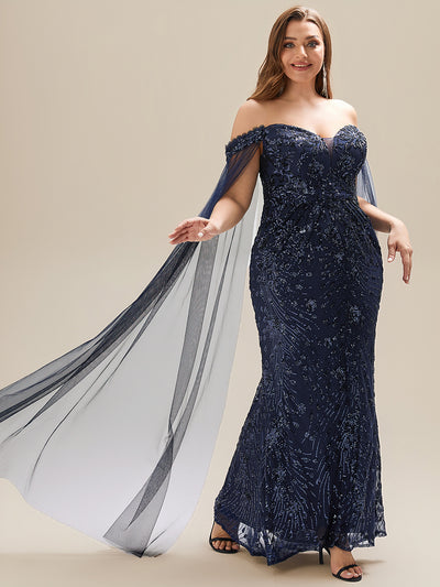 Flowing Ribbons Sequin Sleeveless Evening Dress #color_Navy Blue
