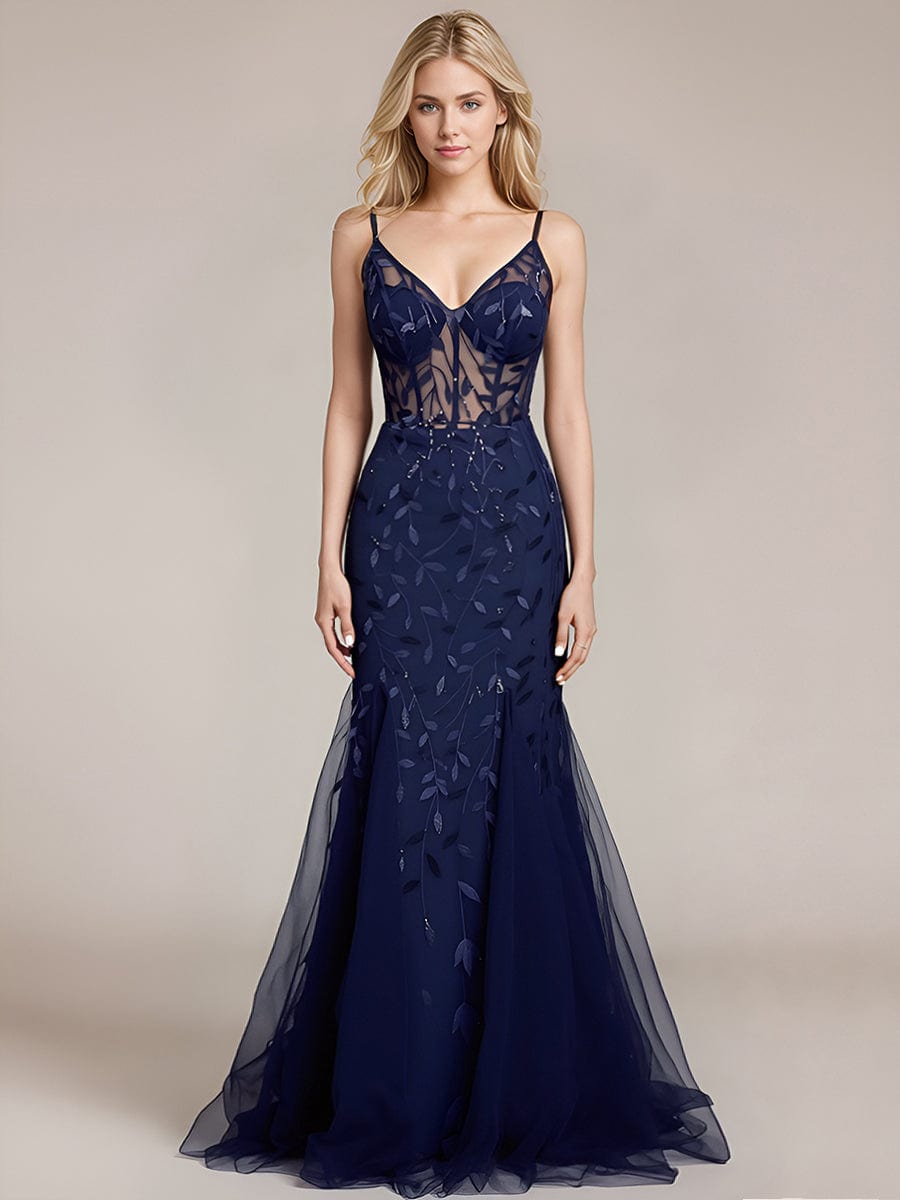 Tie Knot Sequin Sleeveless Evening Dress #color_Navy Blue