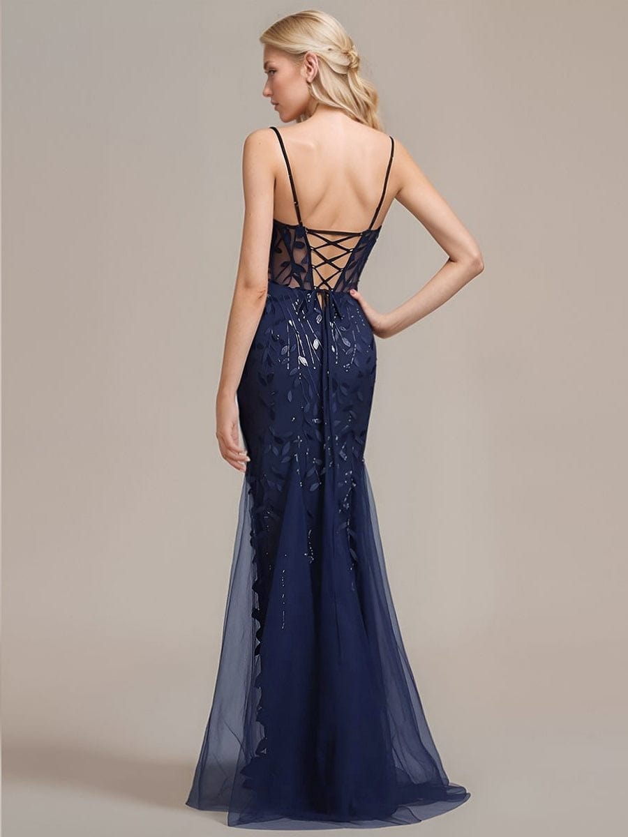 Tie Knot Sequin Sleeveless Evening Dress #color_Navy Blue