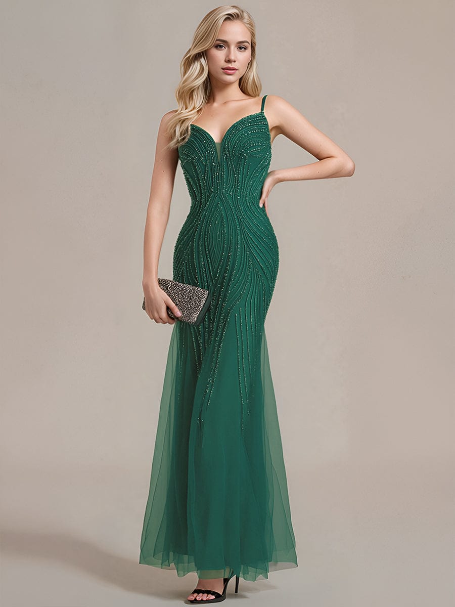 Sheer Sequin Sleeveless Evening Dress #color_Dark Green