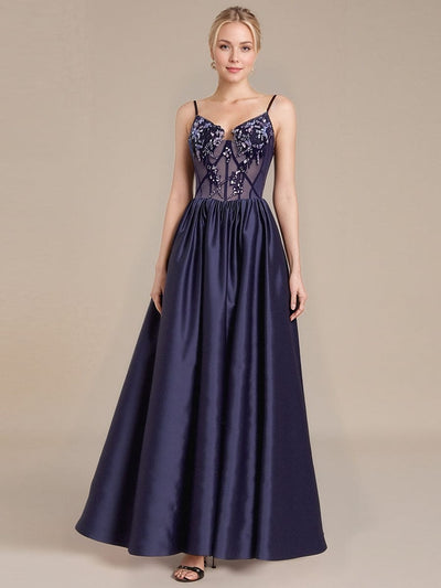 Tie Knot Satin Sleeveless Evening Dress #color_Navy Blue