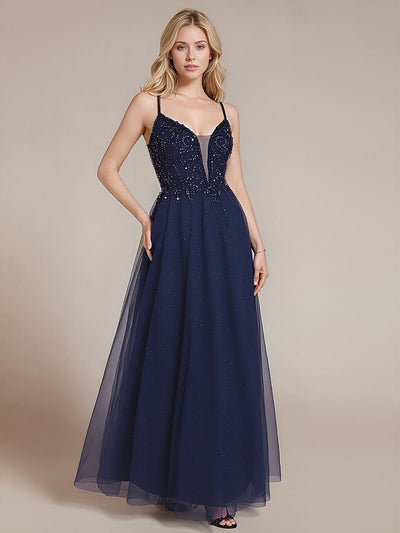 Tie Knot Mesh Sleeveless Evening Dress #color_Navy Blue