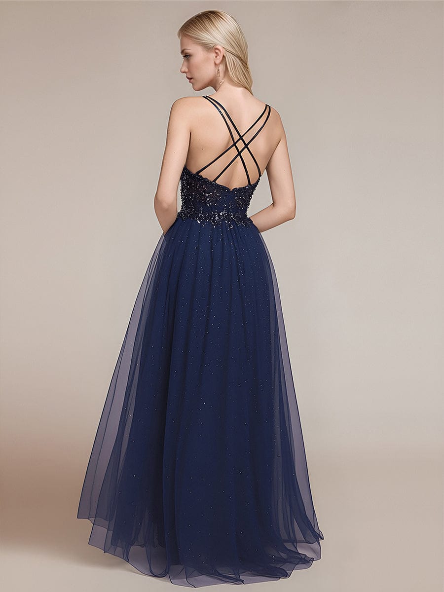 Tie Knot Mesh Sleeveless Evening Dress #color_Navy Blue