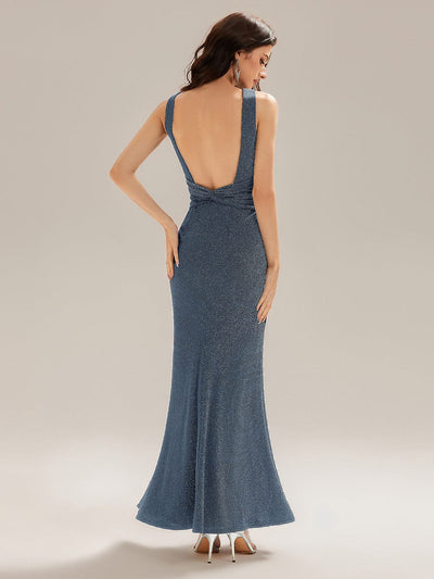 Backless Knit Sleeveless Evening Dress #color_Dusty Blue