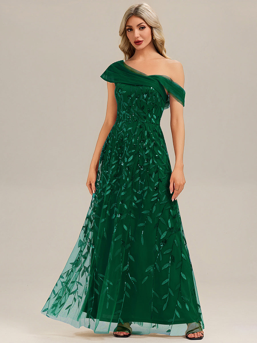 Patchwork Sequin Sleeveless Evening Dress #color_Dark Green