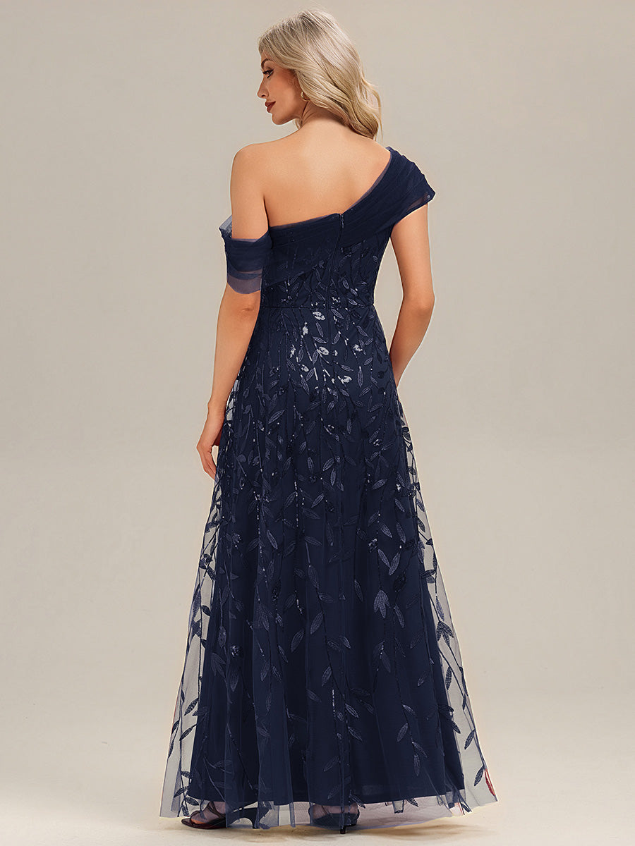Patchwork Sequin Sleeveless Evening Dress #color_Navy Blue
