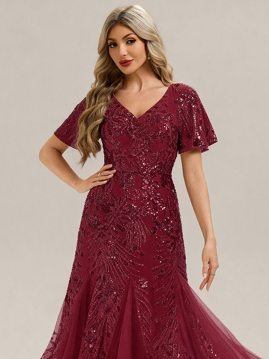Embroidered Sequin Ruffle Sleeve Evening Dress #color_Burgundy